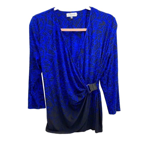 Women’s Large Calvin Klein Blouse/Top Blue & Black Side Clip Ruffle Dress Shirt - Picture 1 of 12